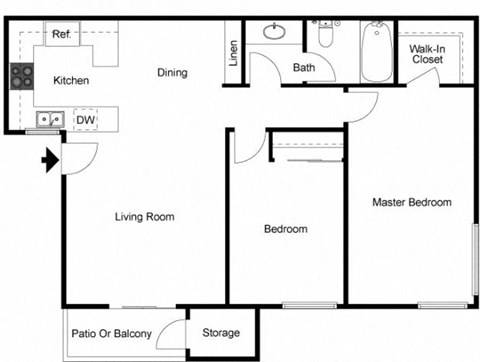 Two bedrooms one bath apartment floor plan